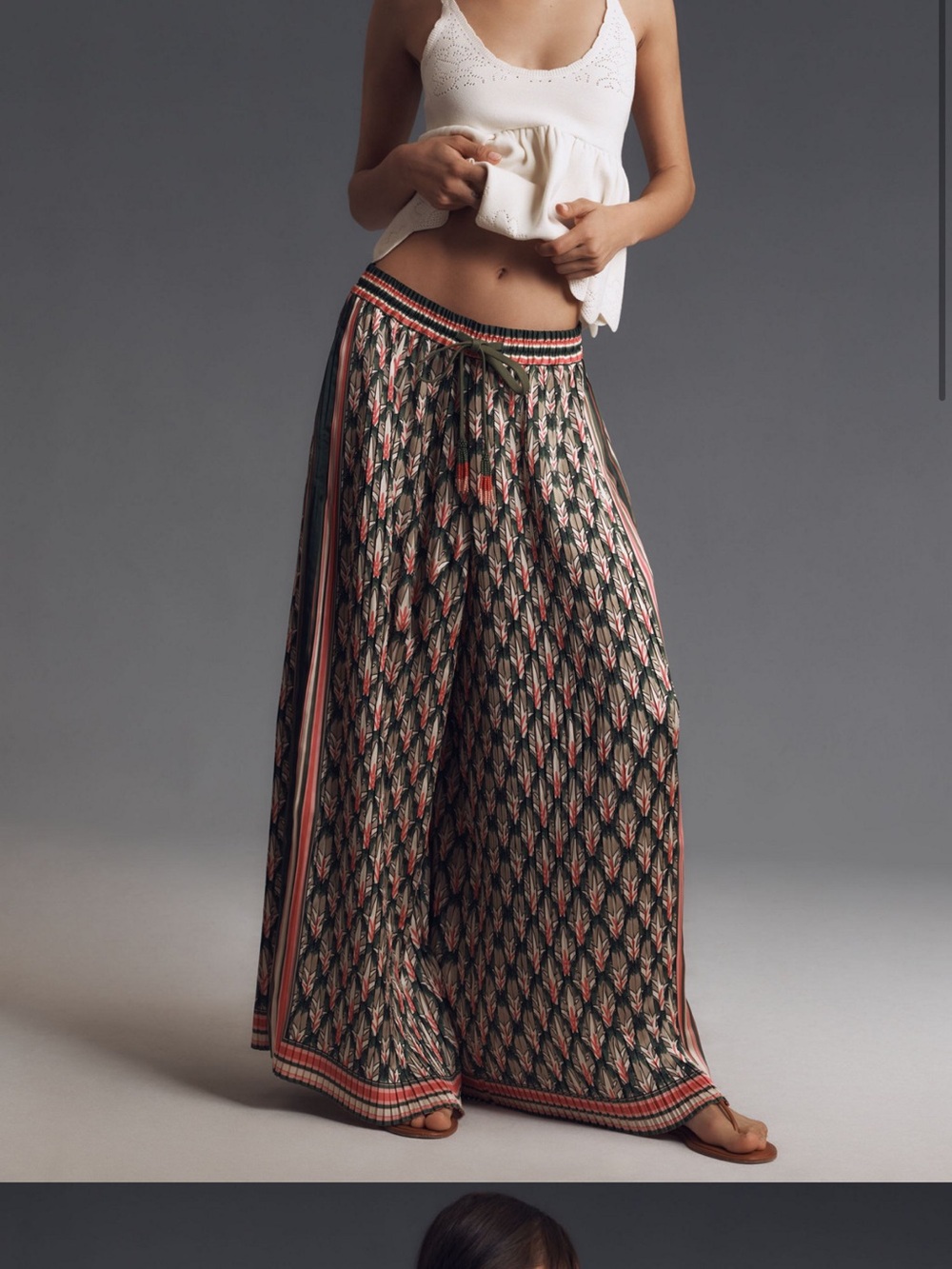 FARM Rio Olive Green and Coral Wide-Leg Printed Palazzo Pants - Picture 1 of 4